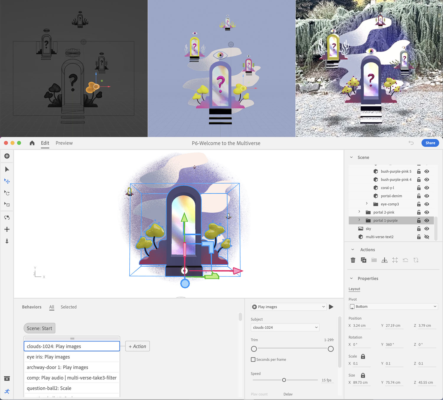 The All Seeing Die — three-up behind-the-scenes composite showing physical and digital build process