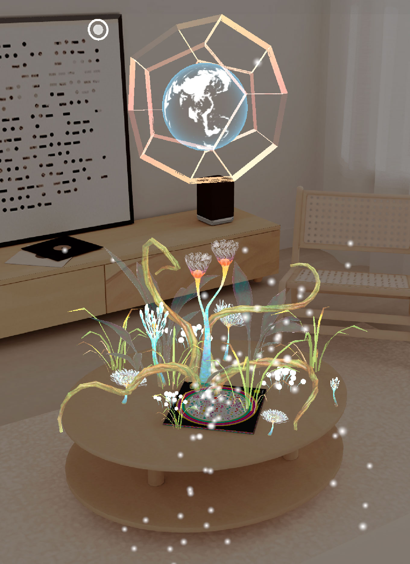 Participants leaving trails of flowers as ancestral spirits fuse into a radiant future-facing being