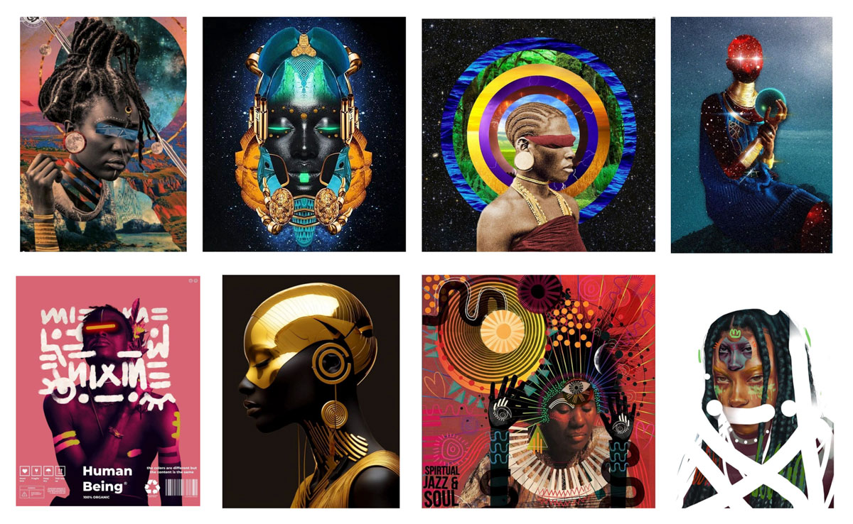 Visual direction moodboard — color palette and design references blending ancestral textures with Afrofuturist aesthetics