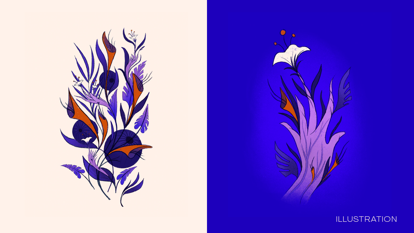 Hand-drawn Procreate illustration of a human-plant hybrid communicating through sound waves and color