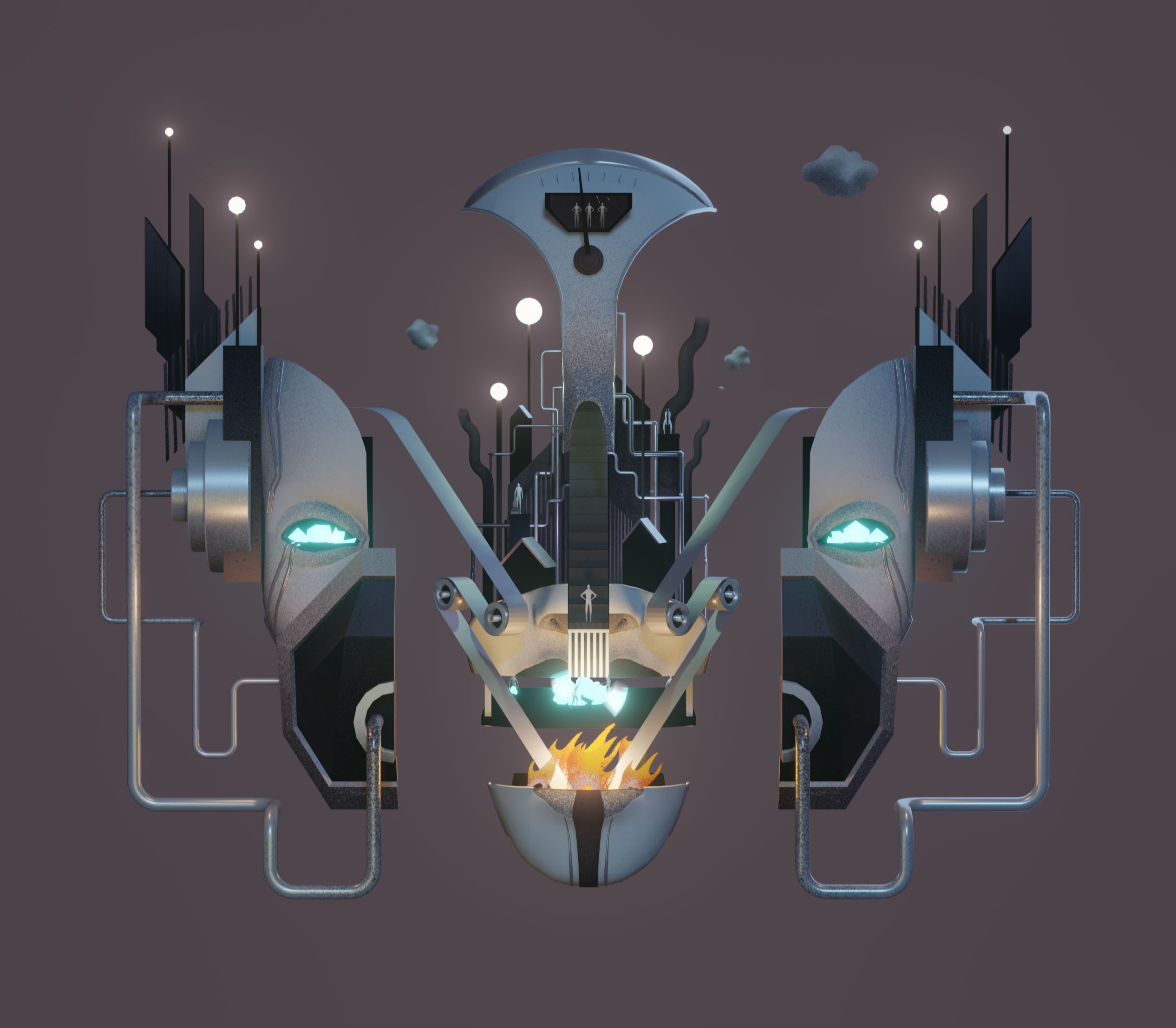 Crossroads — industrial path mask showing a future of endless consumption and environmental destruction