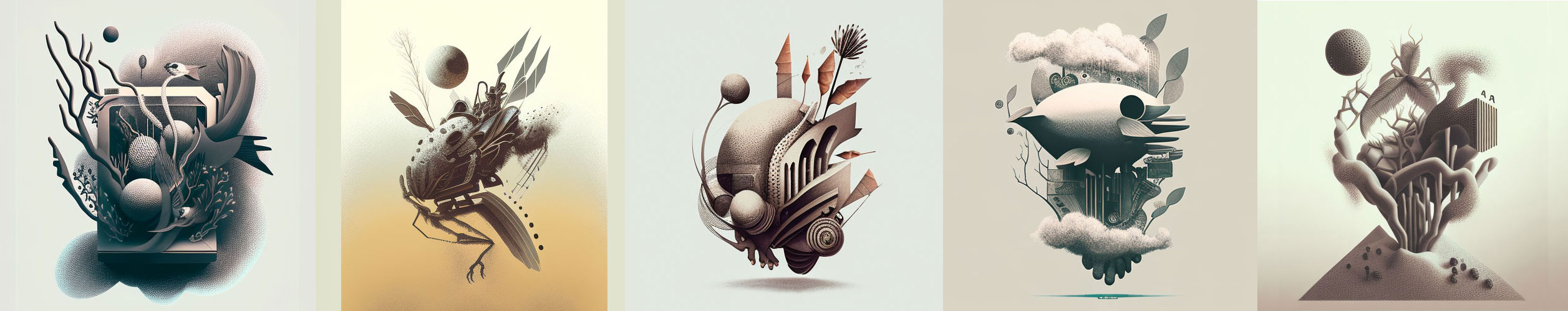 Future ARtifacts — all five biomechanical climate inventions: ocean filters, CO2 bugs, arctic snails, cloud machines, and mycelium buildings