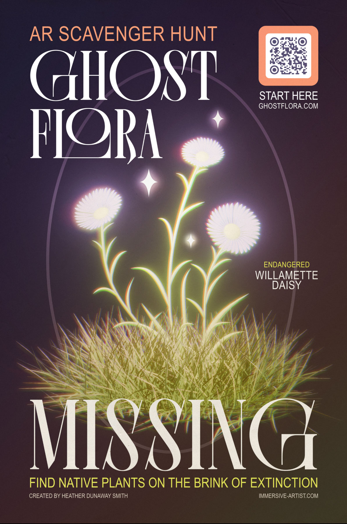 Ghost Flora event poster with illustrated plant and pictogram code