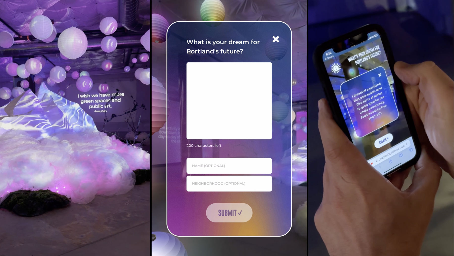 Three community submissions illuminated on the installation