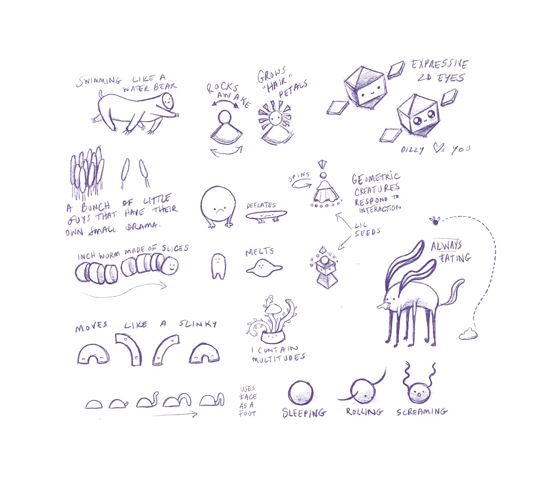 Character design sketch sheets — pencil drawings exploring botanical character concepts