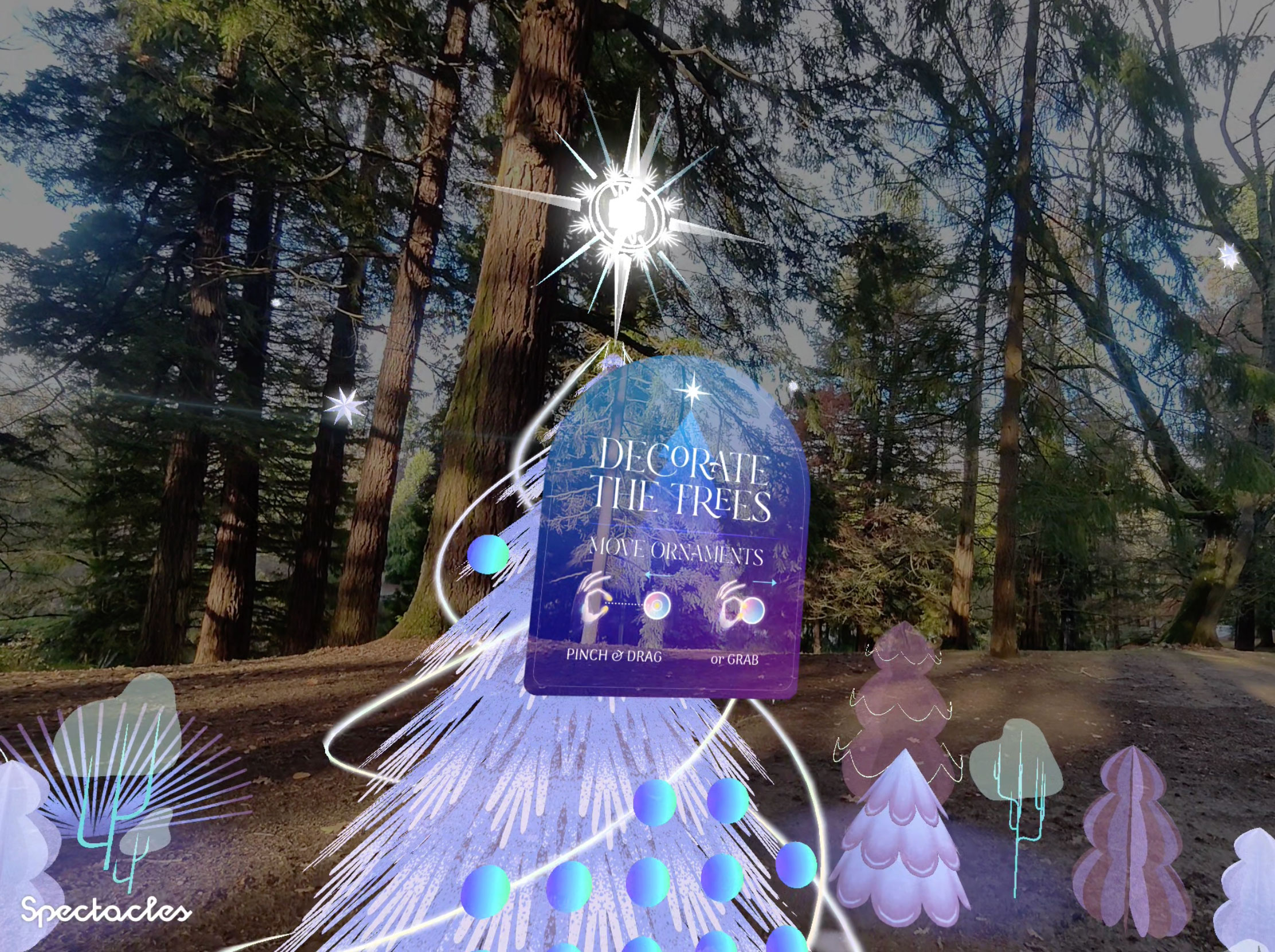 Environmental view — glowing AR elements layered onto Merrion Square at night