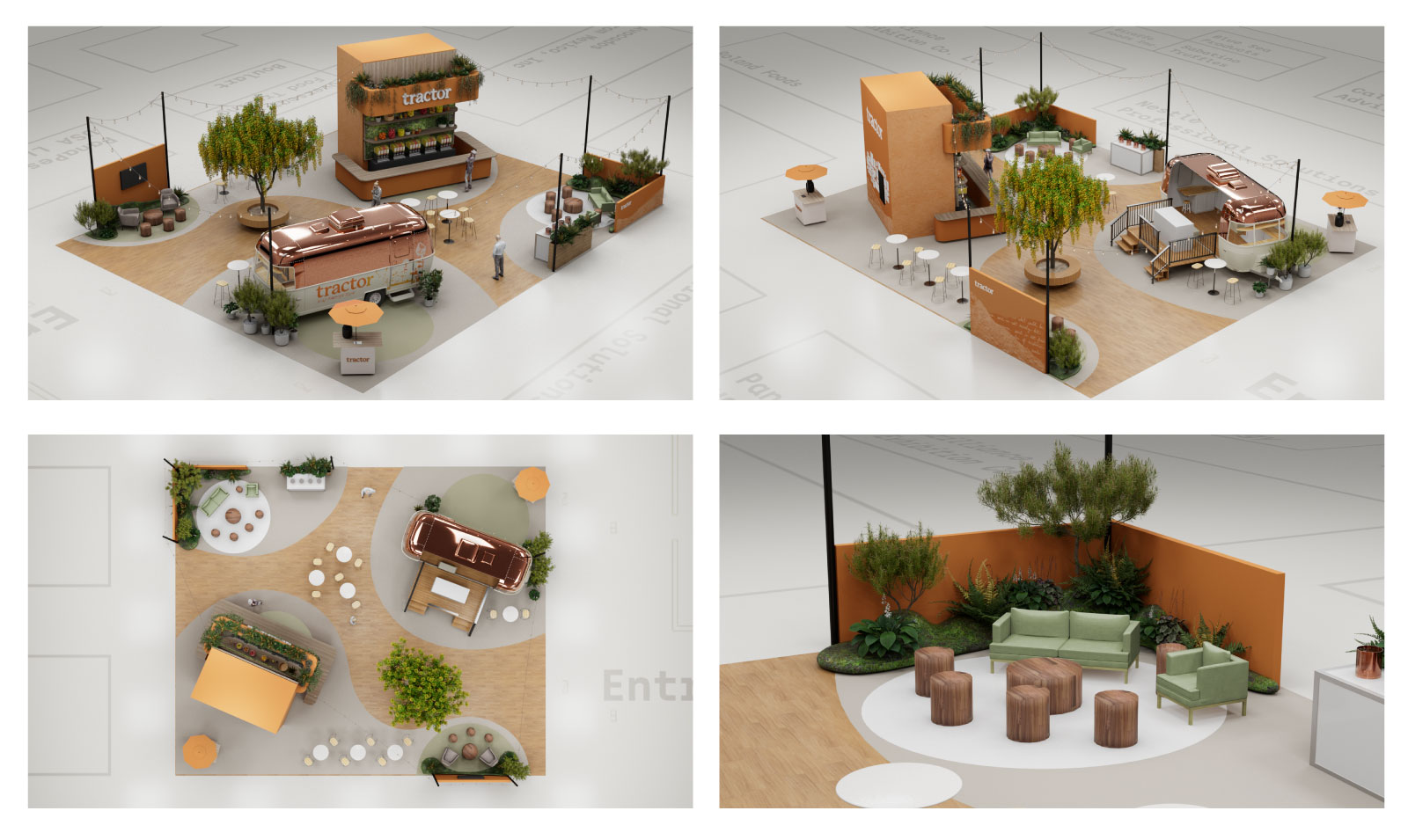 NRA booth layout renders — spatial design mockups showing Tractor Beverage experiential environment