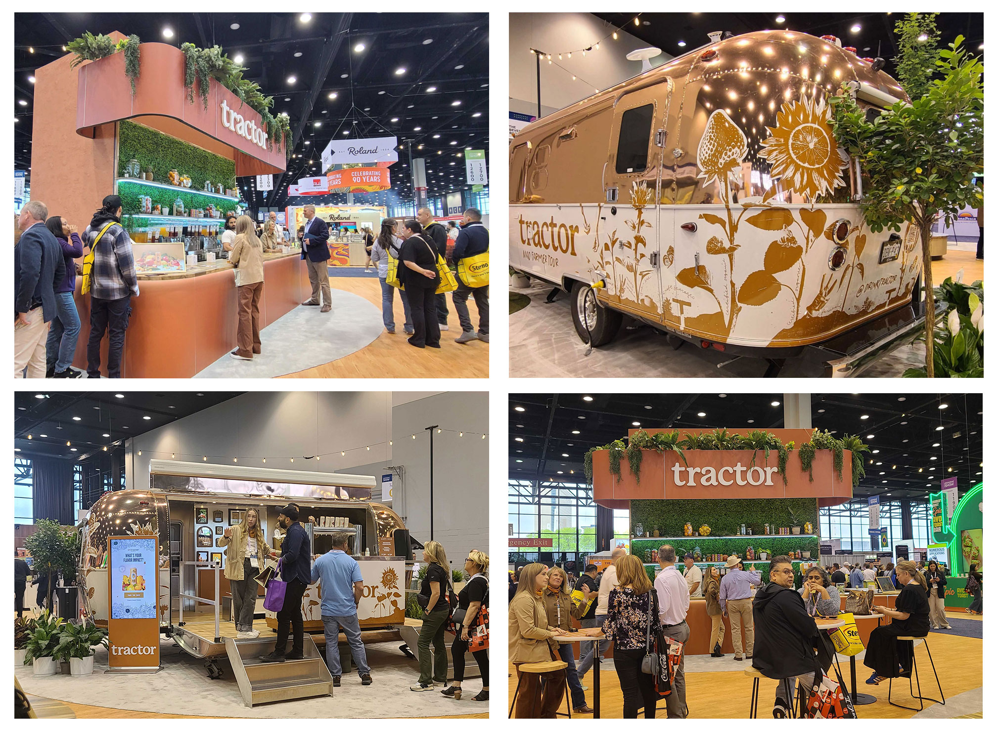 Tractor Beverage NRA booth — four-view grid showing booth angles, greenery, airstream, and interactive zones