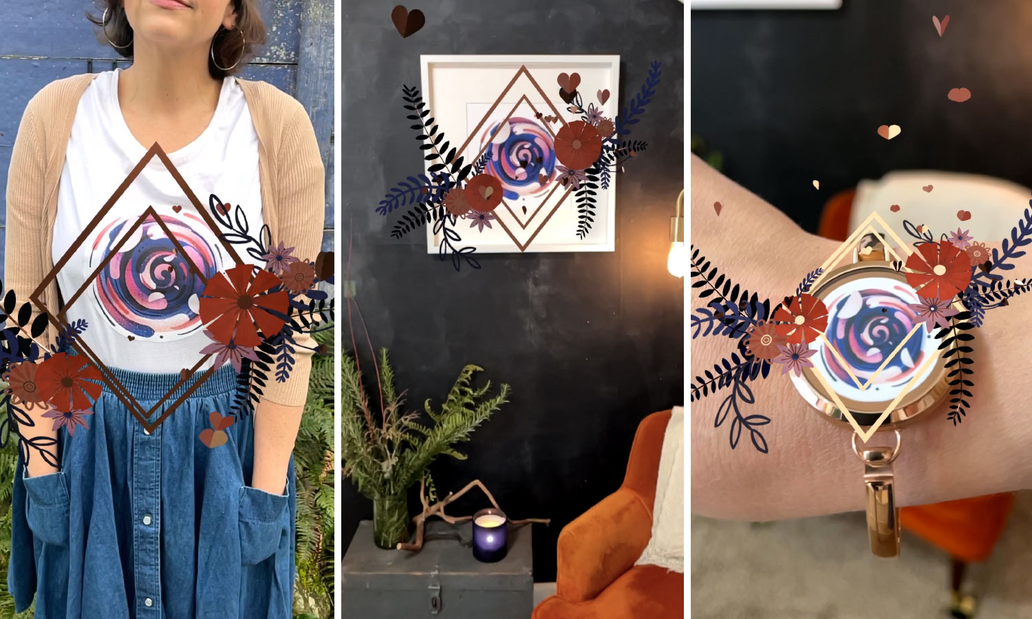 AR Valentines — three product applications: valentine's card, framed giclée print, and AR bracelet
